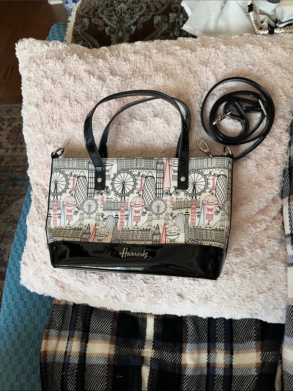 Harrods Black, Cream and Red London Landmark Print Crossbody Tote - Picture 7 of 11